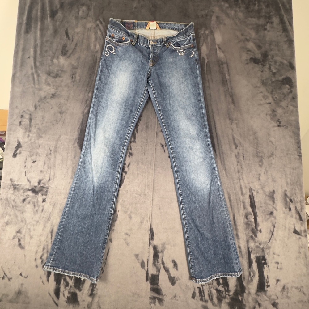 Lucky Brand Montesano Jeans Womens 4/27 Blue Long Inseam Rhinestone Bootcut